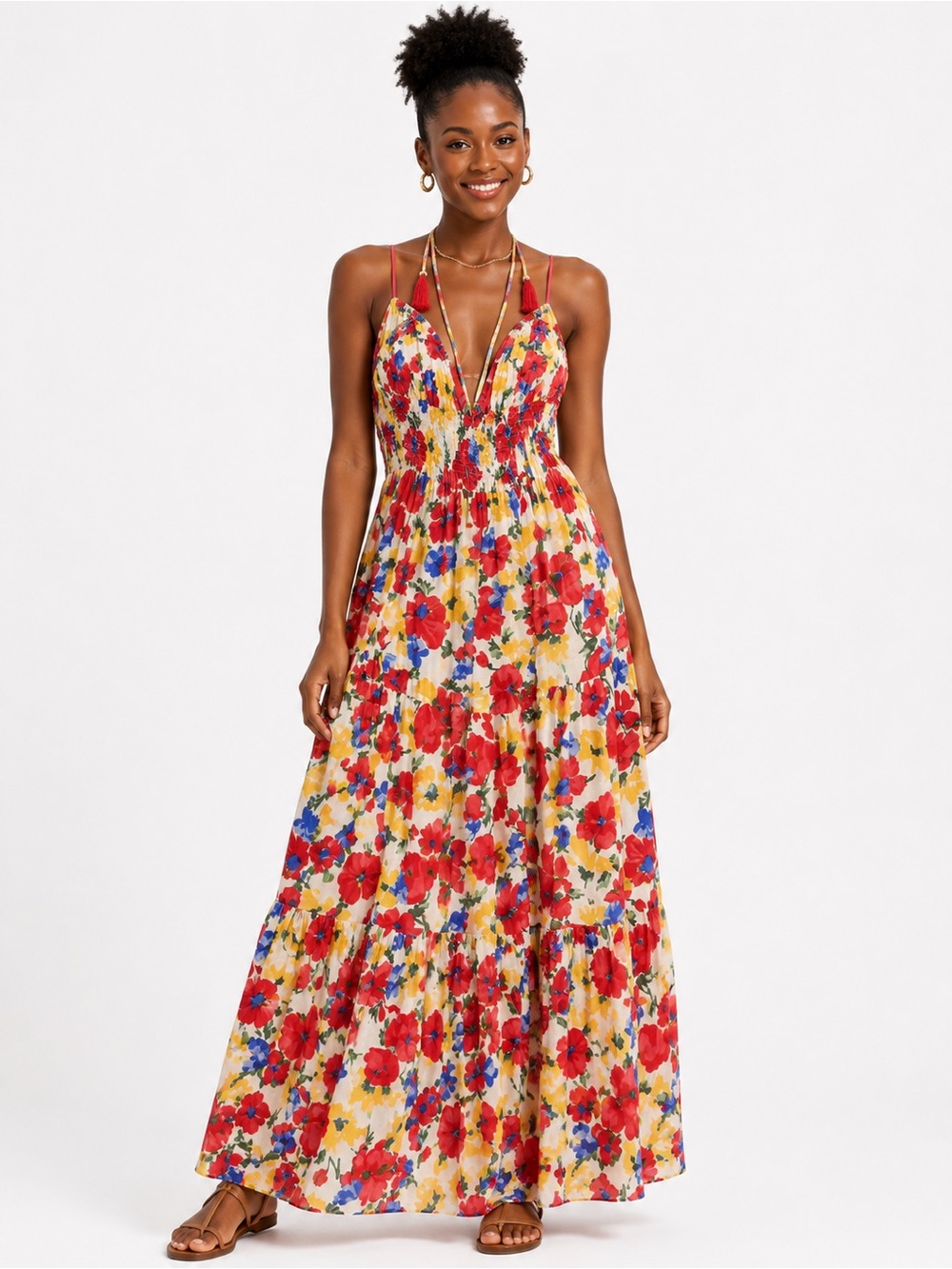Floral Maxi Sundress with Red & Yellow Bloom